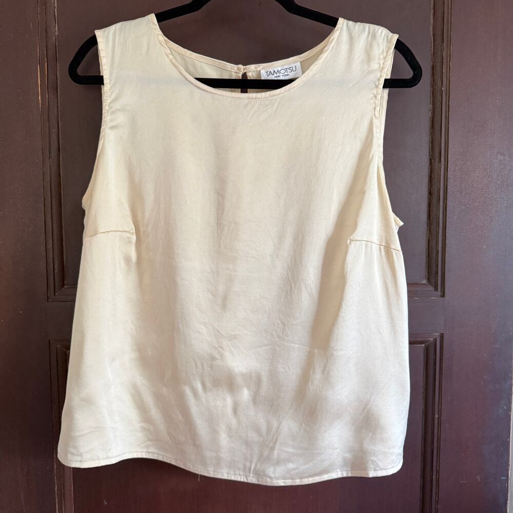 90s Vintage Tamotsu Cream Stretch Silk Sleeveless Shell Top Size 14W